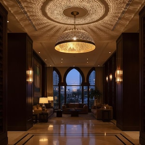 May include: A large, dome-shaped metal pendant light fixture with intricate laser-cut geometric patterns. The light casts a wide, circular, and detailed shadow projection onto the ceiling, creating a warm, ambient glow in the room.