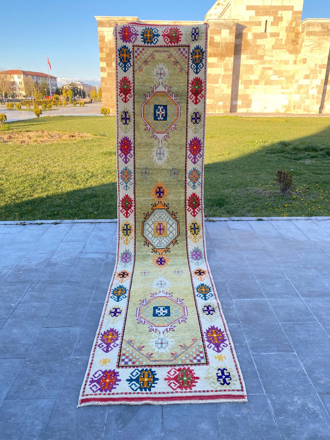 Vintage Oushak Runner Rug: Green Turkish Hallway Rug (3x13 Ft).tax Free ...