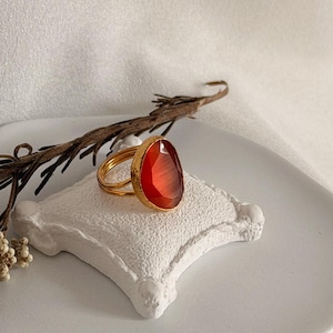 ペアカットカーネリアンリング、石のサイズ：15mm×20mm、ヴィンテージゴールドメッキステートメントリング、7月の誕生石ジュエリー