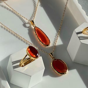 Carnelian Teardrop Pendant Necklace, Long Gold Statement Necklace, Elegant Jewelry for Her