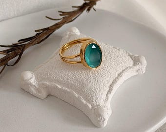 Oval Turquoise Statement Ring Gold, Adjustable Blue Gemstone Ring, Boho Summer Jewelry, Gift for Her