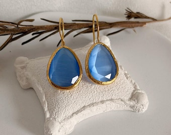 Orecchini pendenti in oro con gemma blu-violetta a taglio a pera, gioielli eleganti e di tendenza, regalo per lei