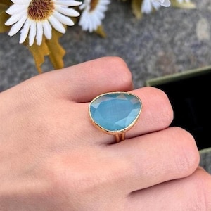 Blauer Topasring, Blauer Ring Vintage Vergoldeter Ring, Aquamarin Blauer Ring, Statement-Designs Ring, 14k Vergoldeter Stahl