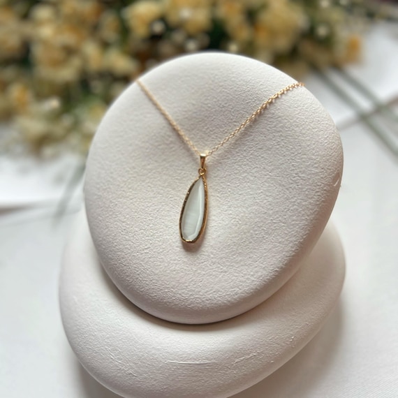 White Moonstone Gold Pendant, Tiny Teardrop Necklace, Healing Real