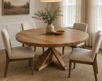 May include: A round wooden dining table with a natural grain finish and a sturdy cross-base support. The table is surrounded by four upholstered chairs with light beige fabric seats and wooden legs. A ceramic vase with greenery sits on top.