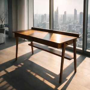 May include: A wooden desk with a warm, natural finish. The desk has a rectangular top with a raised back edge, a drawer, and a lower shelf. The desk is supported by four angled legs. The background shows a cityscape through a large window.