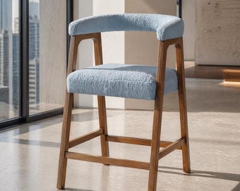Minimalist Bouclé Curved Backrest Counter Height, Scandinavian Modern Solid Wood Kitchen Stool