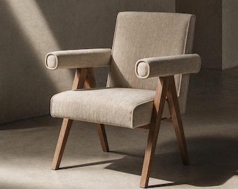 Mid Century Upholstered Armchair, Linen Fabric, Solid Wood A-Frame Legs