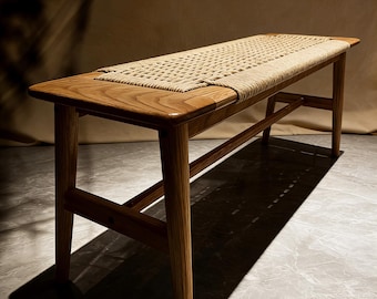 Minimalist Solid Wood Dining Bench, Mid-Century Modern End Of Bed Woven Seat Bench