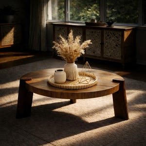 May include: A round wooden coffee table with a natural finish. A woven tray holds a vase with dried flowers, a small white ceramic vase, and a gold geometric sculpture. The table is set on a neutral-colored rug.
