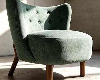 Minimalist Upholstered Accent Chair, Low Profile Modern Side Chair, Solid Wood Legs