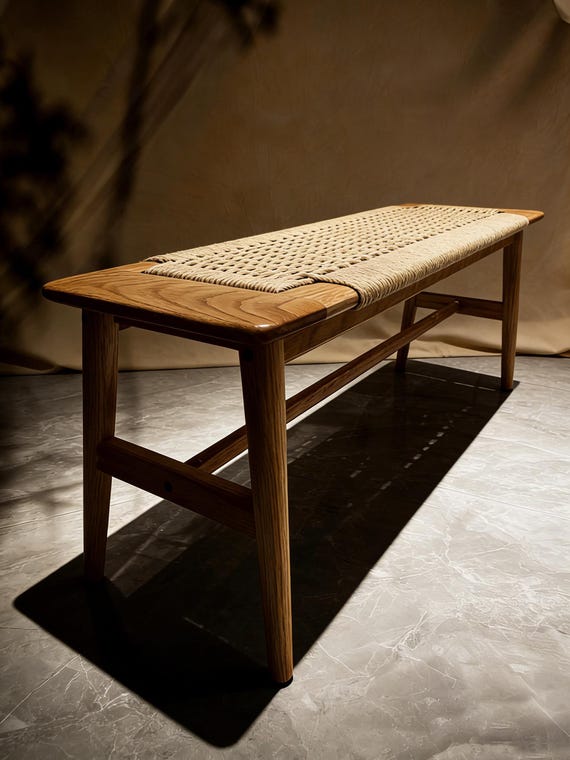 Minimalist Solid Wood Dining Bench, Mid-Century Modern End Of Bed Woven Seat Bench
