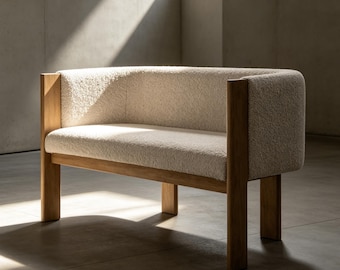 Boucle Upholstered Loveseat Bench, Scandinavian Modern Accent Settee