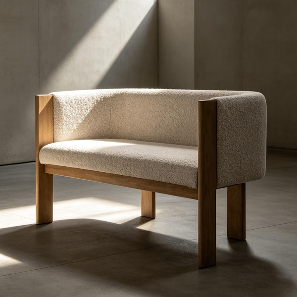 Boucle Upholstered Loveseat Bench, Scandinavian Modern Accent Settee