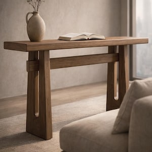 May include: A wooden console table with a natural finish. The table has a rectangular top, supported by two A-frame legs. A beige vase with dried stems and an open book rest on the table. The table is approximately 60 inches long.