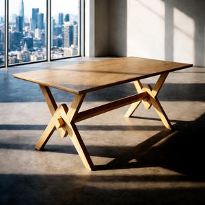 May include: A rectangular wooden dining table with a light brown finish. The table has a unique base design with angled legs that intersect in an X-shape. The table is approximately 72 inches long.