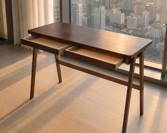 Minimalist Solid Wood Desk with Drawers – Scandinavian Mid Century Modern Writing Table