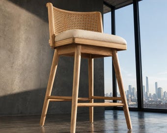 Natural Wood Rattan Counter Stool, Cane Back Bar Chair, Scandinavian Kitchen Island Seat