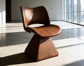 Modern Minimalist Swivel Curve Dining Chair, Sculptural Pedestal Vegan Leather Accent Chair