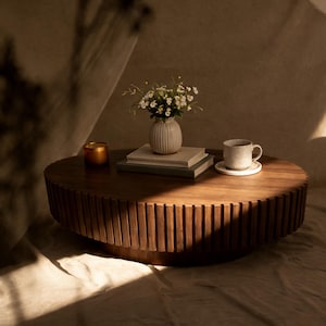 May include: A round, wooden coffee table with a ribbed edge. A small white vase with flowers, books, a candle, and a speckled mug with a saucer are on the table. The table is set on a neutral-colored surface.