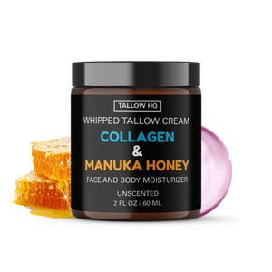 Whipped Tallow Cream with Manuka Honey and Collagen, 100% Grass Fed Tallow for Face and Body, Natural Moisturizer, Skincare - 2oz