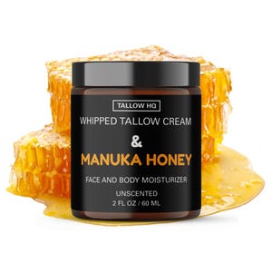 Tallow Cream with Manuka Honey, 100% Grass Fed Beef Tallow, Moisturizer for Face and Body all natural, Whipped, Skincare, 2oz