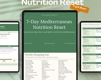 7 Day Mediterranean Diet Meal Plan Printable PDF | Meal Prep with Macros & Grocery List | Healthy Eating for Beginners | Instant Download
