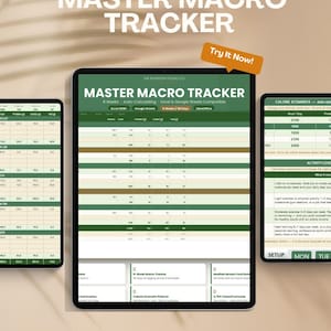 Pode incluir: Uma planilha digital Master Macro Tracker exibida em três telas de tablet. A interface apresenta tabelas codificadas por cores verde e bege para rastrear proteínas, carboidratos e gorduras. O texto inclui The Nutrition Studio Co. e 8 Weeks Auto-Calculating.