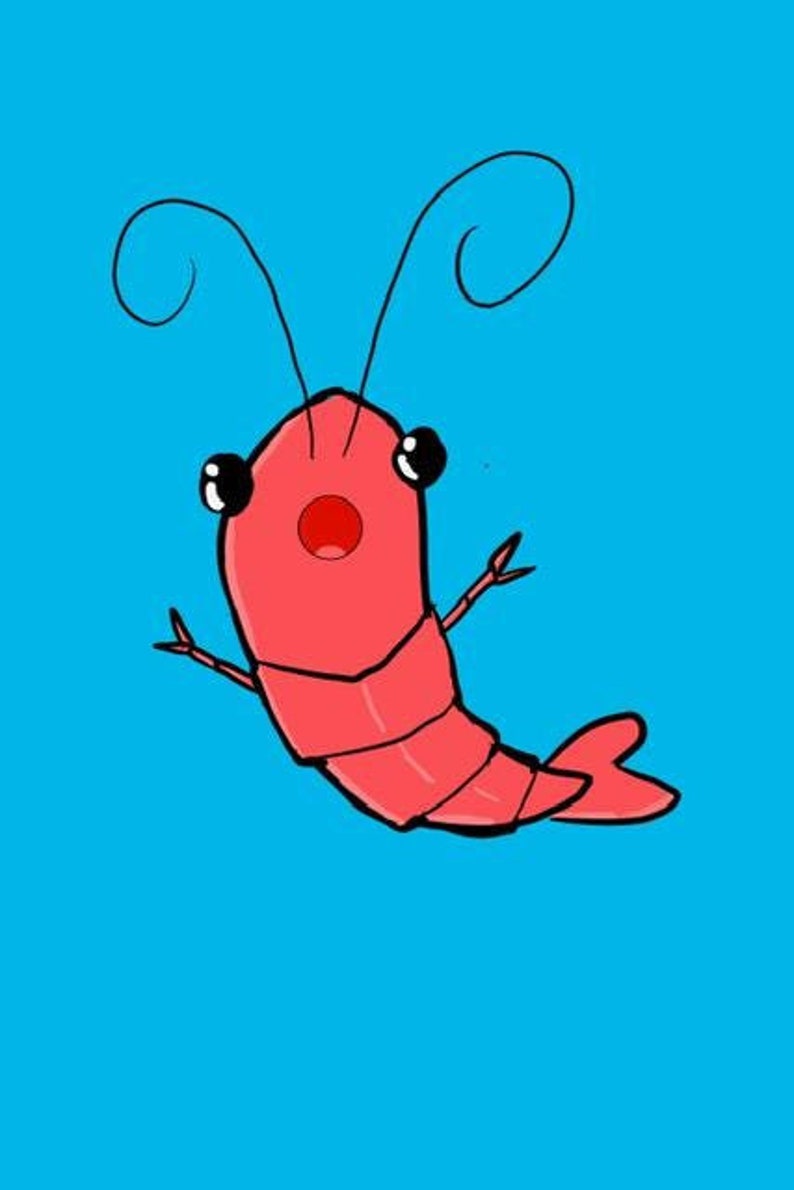 Op de afbeelding: Een cartoonillustratie van een rode garnaal met grote ogen en twee antennes. De garnaal bevindt zich op een blauwe achtergrond.