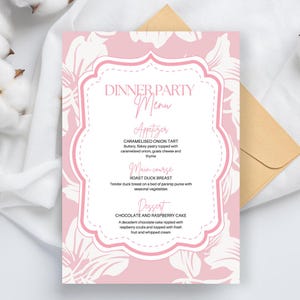 Plantilla de menú floral rosa para cena / Diseño editable en Canva / Tarjeta imprimible para menú de boda, cumpleaños o cena de evento