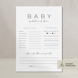 Tarjeta minimalista con predicciones para bebés, juegos para baby shower, consejos y deseos para futuros padres, predicciones y consejos, plantilla para bebés, DESCARGA INSTANTÁNEA