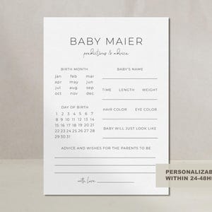 Tarjeta minimalista de predicciones para bebés Juegos de baby shower personalizables Consejos y deseos para futuros padres Consejos de predicciones DESCARGA DIGITAL