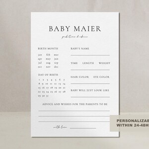 Tarjeta minimalista de predicciones para bebés Juegos de baby shower personalizables Consejos y deseos para futuros padres Consejos de predicciones DESCARGA DIGITAL