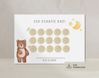 Puede incluir: Un gráfico de recompensas de estilo acuarela con un oso pardo sosteniendo una varita de estrella. El gráfico tiene una cuadrícula de círculos, una luna creciente, estrellas y el texto "ICH SCHAFFE DAS!" y "MEINE BELOHNUNG".