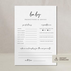 Tarjeta minimalista con predicciones para bebés, juegos para baby shower, consejos y deseos para futuros padres, predicciones y consejos, plantilla para bebés, DESCARGA INSTANTÁNEA