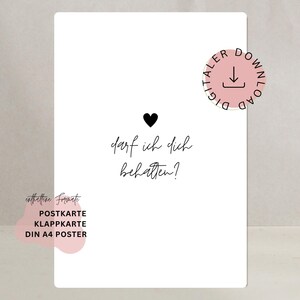 Pode incluir: Cartaz branco com o texto "darf ich dich behalten?" em fonte manuscrita, acima de um coração preto. Um círculo rosa com um ícone de download e as palavras "DIGITAL DOWNLOAD" está no canto superior direito. O canto inferior esquerdo tem o texto "enttattine Formate POSTKARTE KLAPPKARTE DIN A4 POSTER".