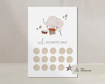 Op de afbeelding: Een printbare kaart met een schattig cartoon-olifantje dat drums speelt. De kaart heeft 16 cirkels die kunnen worden gebruikt voor een beloningskaart. De tekst op de kaart zegt "ich schaffe das!" wat in het Duits "Ik kan het!" betekent.