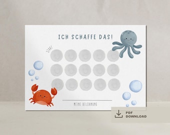 Op de afbeelding: Een afdrukbare beloningstabel met illustraties van een octopus en een krab. De tabel bevat de tekst "ICH SCHAFFE DAS!" en "MEINE BELOHNUNG". Inclusief een PDF-downloadpictogram.