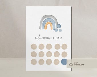 Puede incluir: Un gráfico imprimible con un arcoíris de acuarela y el texto "ich schaffe das!" El gráfico tiene 16 círculos para pegatinas o sellos.