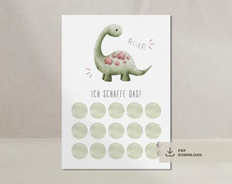 Op de afbeelding: Een aquarelprint met een groene dinosaurus met roze accenten en het woord "Roar". Daaronder staat de Duitse zin "Ich schaffe das!" en 15 groene cirkels. Een PDF-downloadpictogram staat rechtsonder.