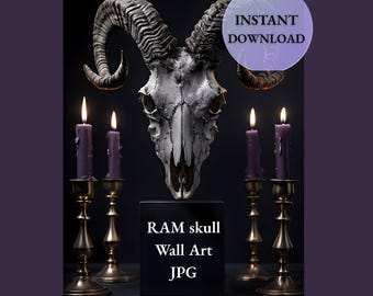 Ram Skull Art Print | Gothic Occult Wall Art Dark Academia Antlers (Digital Download)