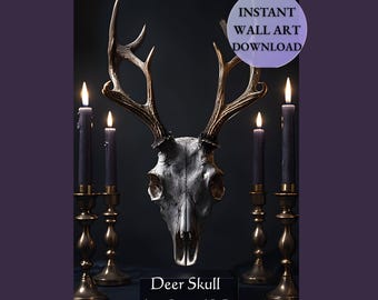 Deer Skull Art Print | Gothic Occult Stag Wall Art Dark Academia Antlers (Digital Download)