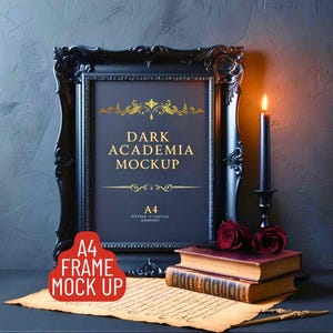 Dark Academia A4 Bilderrahmen Mockup: Gothic Bücherwurm Kunst (Digitaler Download)