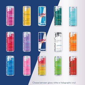 May include: A collection of Red Bull energy drink cans in various colors and flavors, including blue, pink, green, and orange. Each can features the Red Bull logo and flavor names like "Summer Edition" and "Tropical Fruits". The image also includes text at the bottom.