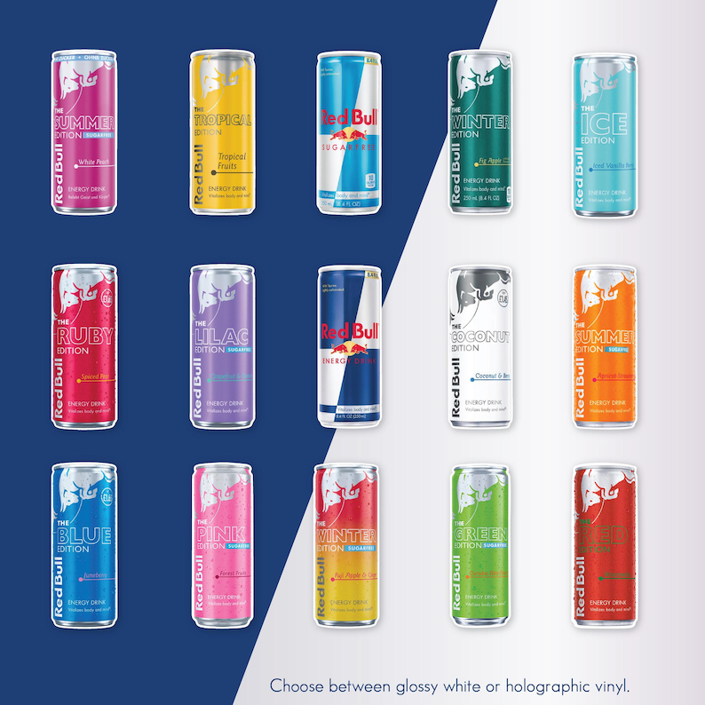 May include: A collection of Red Bull energy drink cans in various colors and flavors, including blue, pink, green, and orange. Each can features the Red Bull logo and flavor names like "Summer Edition" and "Tropical Fruits". The image also includes text at the bottom.