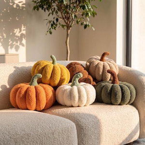 Peut inclure: Un ensemble de six coussins en forme de citrouille en peluche de différentes couleurs, notamment orange, jaune, marron, blanc et vert foncé. Chaque coussin présente une surface en tissu doux et texturé avec une tige distincte sur le dessus.