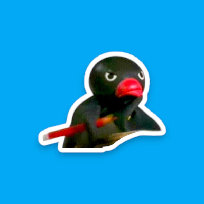 May include: A black and red cartoon penguin with a serious expression, holding a red stick in its beak. The penguin is wearing a black suit and has a white outline.