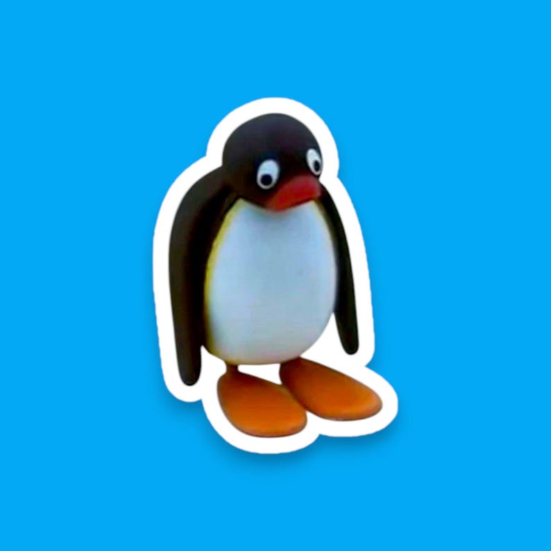 May include: A cartoon penguin with black and white feathers and orange feet. The penguin has a sad expression and is looking down.