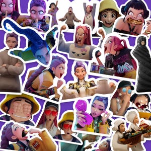 Pode incluir: Uma coleção de adesivos coloridos de personagens de desenhos animados em um fundo roxo. Os adesivos apresentam várias figuras animadas com diversas expressões e estilos, incluindo personagens com cabelo roxo e rosa, usando chapéus e segurando objetos.