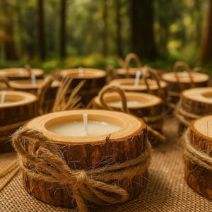 May include: A collection of rustic wooden candle holders with white candles. Each candle holder is made from a section of a tree trunk, wrapped with twine, and has a natural, earthy aesthetic. The background is a blurred forest.